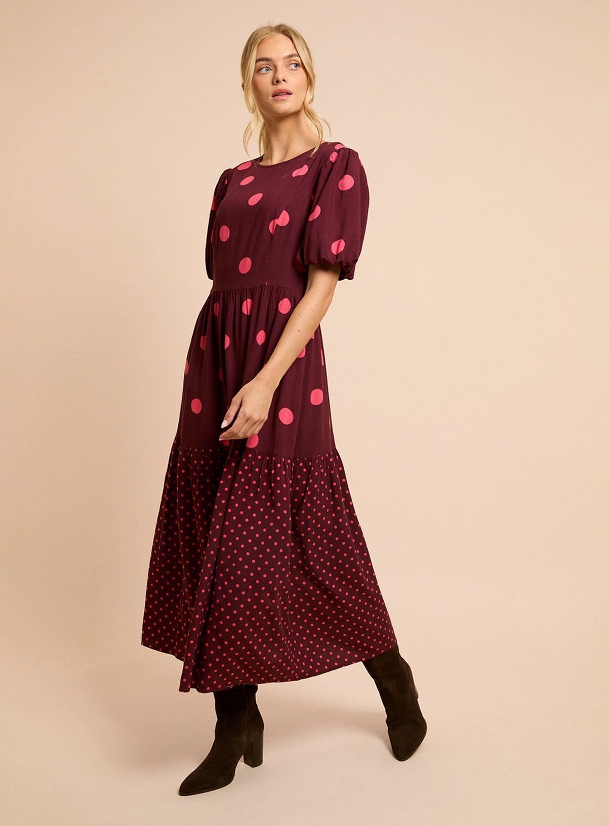 DOROTHY PERKINS Spot Puff Sleeve Dropped Waist Spot Mix Midi Dress 8 - Image 4 thumbnail